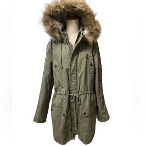Women's Olive Parka with Faux Fur Hood
